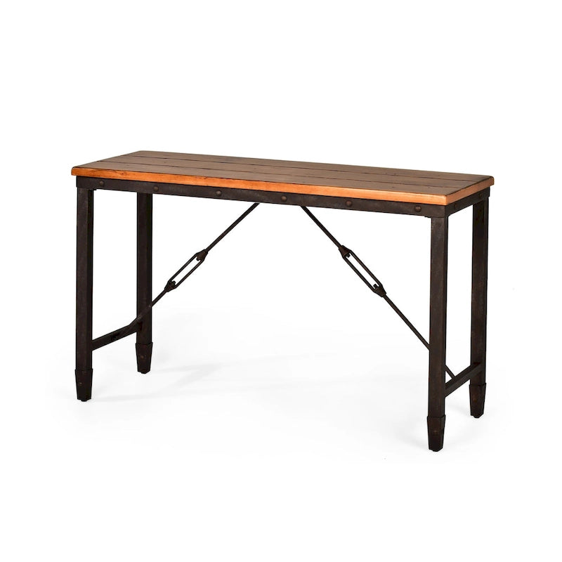 Console style industriel rustique – Plateau en pin vieilli et piètement en fer, 122x46x76 cm