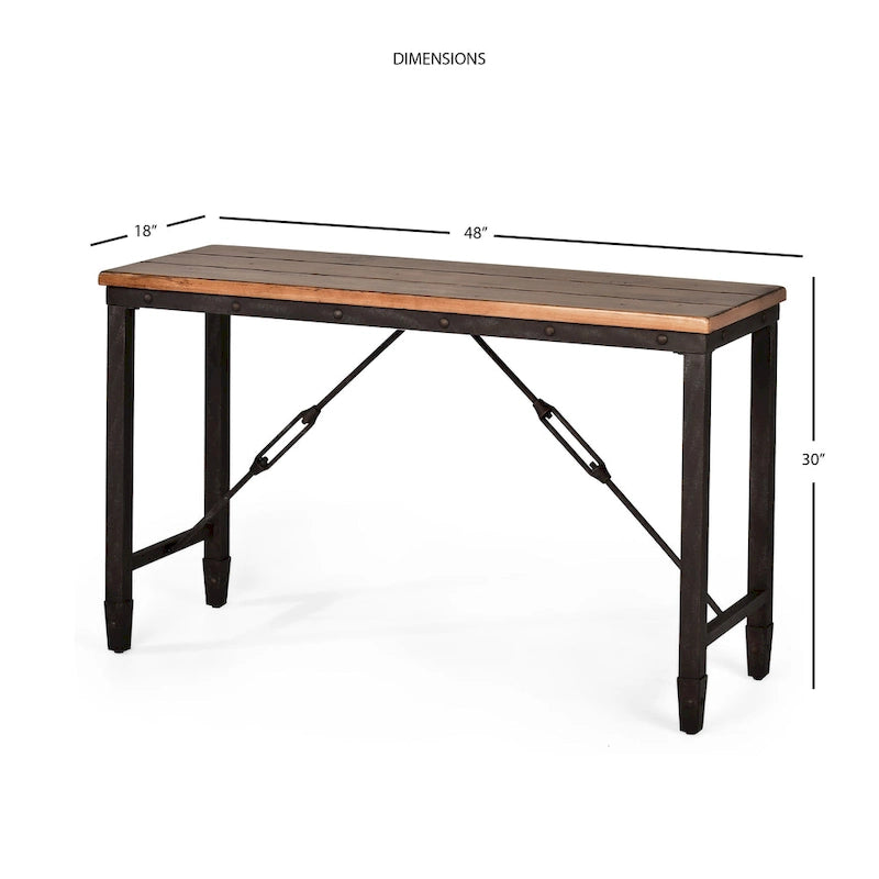 Console style industriel rustique – Plateau en pin vieilli et piètement en fer, 122x46x76 cm