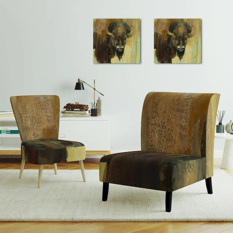 Fauteuil d'appoint rembourré de ferme – Assise en mousse, dossier haut, cadre en bois dur, imprimé buffle doré