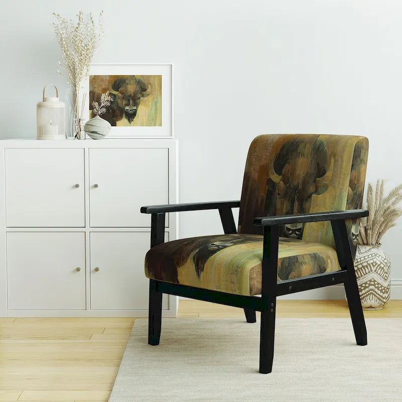 Fauteuil d'appoint rembourré de ferme – Assise en mousse, dossier haut, cadre en bois dur, imprimé buffle doré