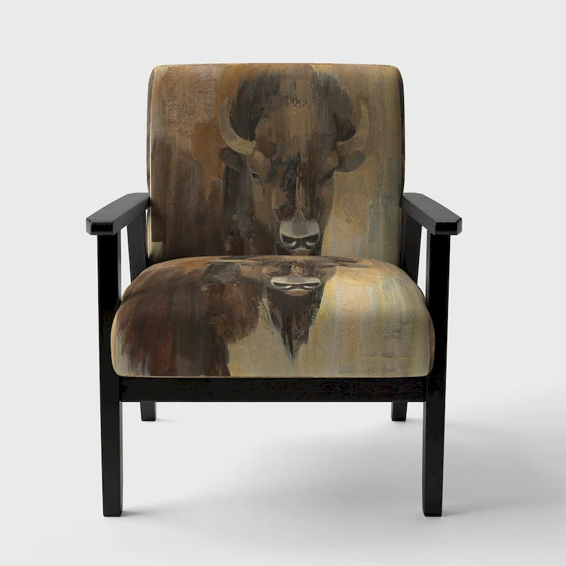 Fauteuil d'appoint rembourré de ferme – Assise en mousse, dossier haut, cadre en bois dur, imprimé buffle doré