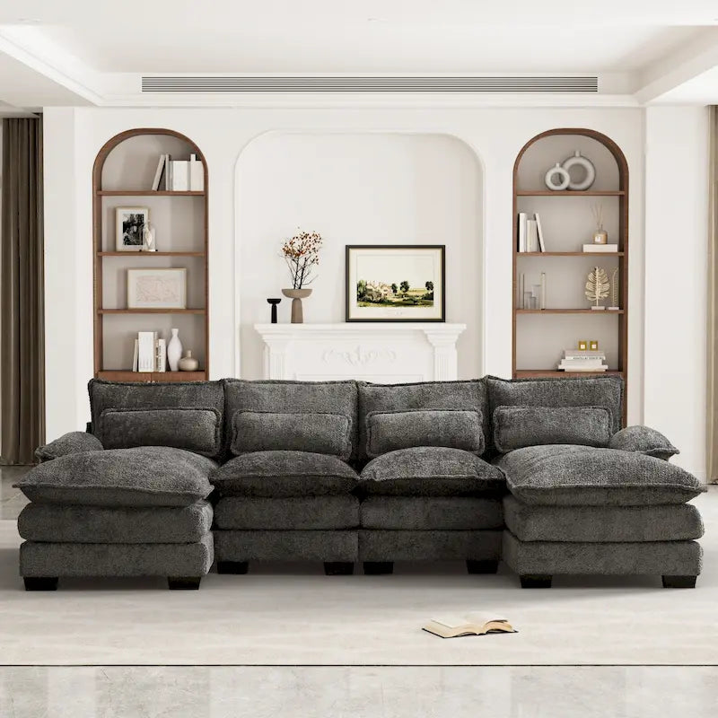 Grand canapé d'angle en U – Tissu chenille, double méridienne, capacité 363 kg, 281 cm