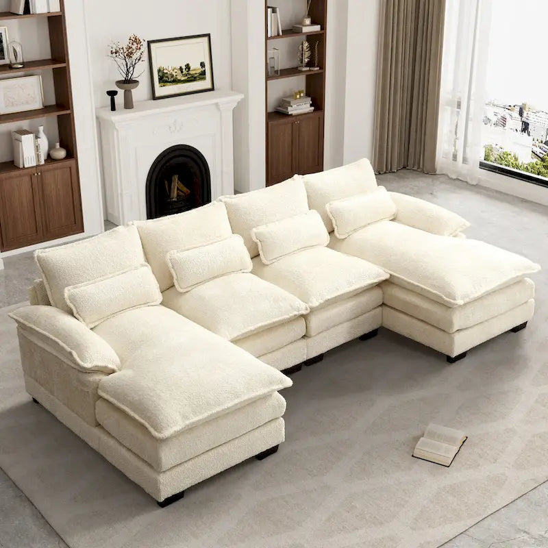 Grand canapé d'angle en U – Tissu chenille, double méridienne, capacité 363 kg, 281 cm