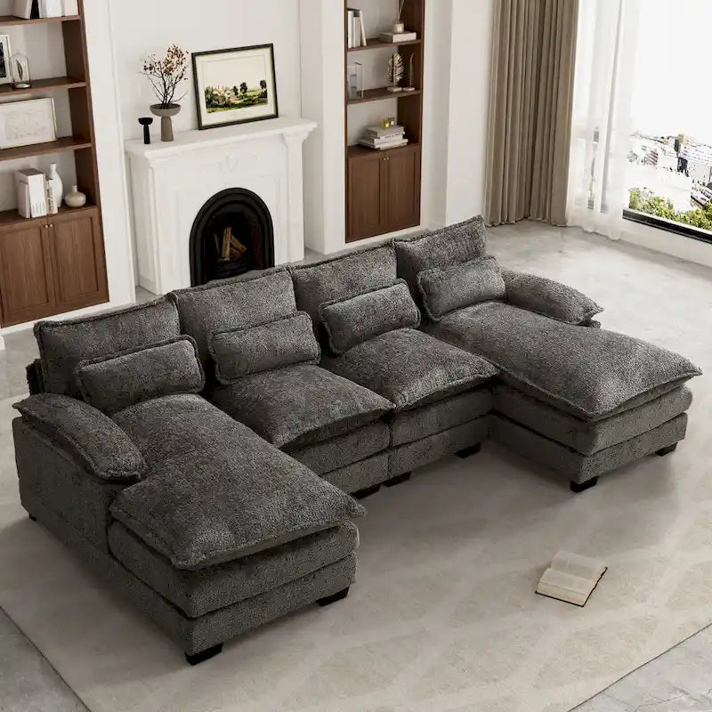 Grand canapé d'angle en U – Tissu chenille, double méridienne, capacité 363 kg, 281 cm