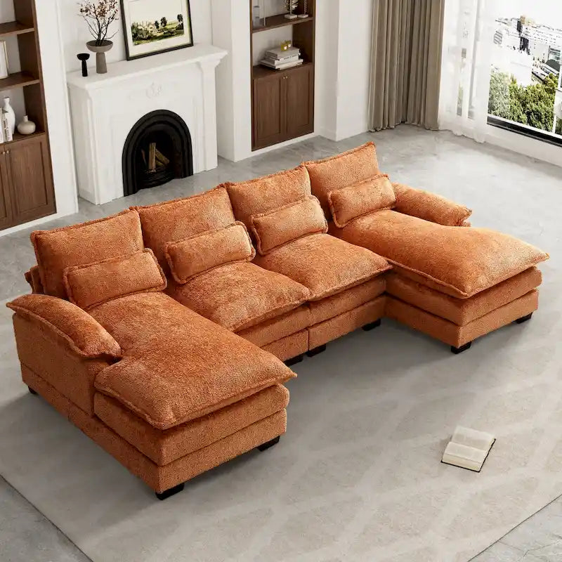 Grand canapé d'angle en U – Tissu chenille, double méridienne, capacité 363 kg, 281 cm