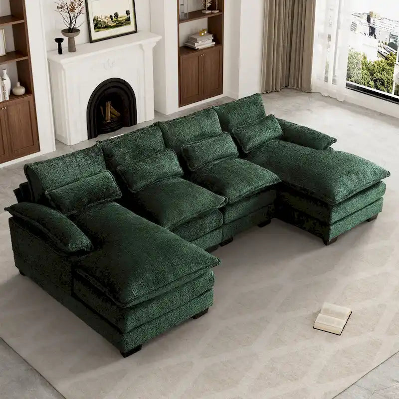 Grand canapé d'angle en U – Tissu chenille, double méridienne, capacité 363 kg, 281 cm
