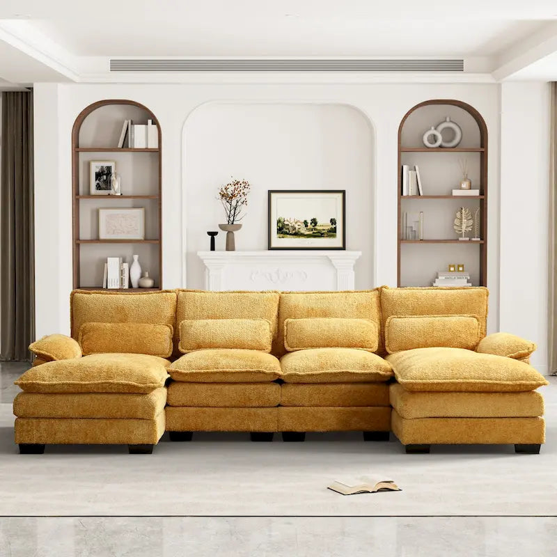 Grand canapé d'angle en U – Tissu chenille, double méridienne, capacité 363 kg, 281 cm