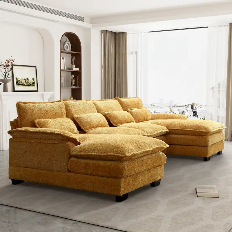 Grand canapé d'angle en U – Tissu chenille, double méridienne, capacité 363 kg, 281 cm