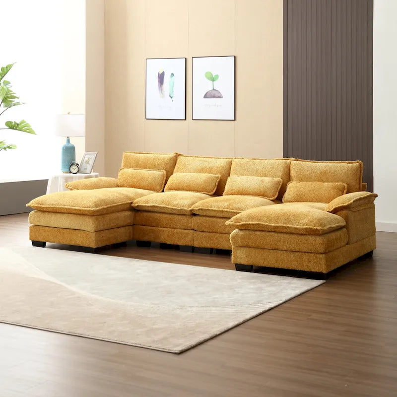 Grand canapé d'angle en U – Tissu chenille, double méridienne, capacité 363 kg, 281 cm