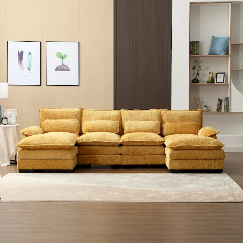Grand canapé d'angle en U – Tissu chenille, double méridienne, capacité 363 kg, 281 cm