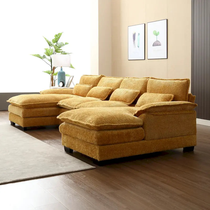 Grand canapé d'angle en U – Tissu chenille, double méridienne, capacité 363 kg, 281 cm