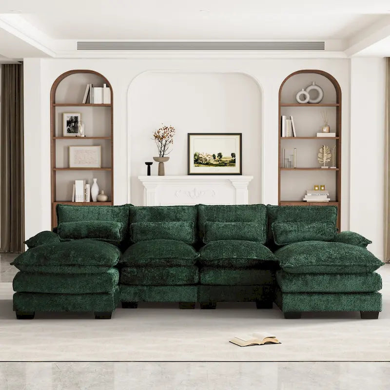 Grand canapé d'angle en U – Tissu chenille, double méridienne, capacité 363 kg, 281 cm