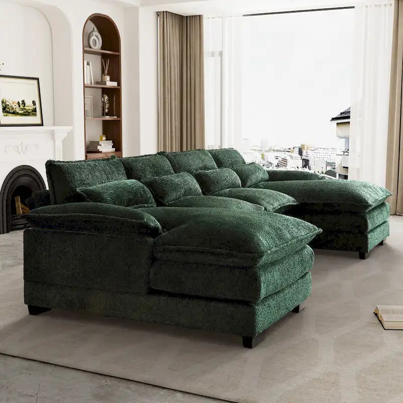 Grand canapé d'angle en U – Tissu chenille, double méridienne, capacité 363 kg, 281 cm