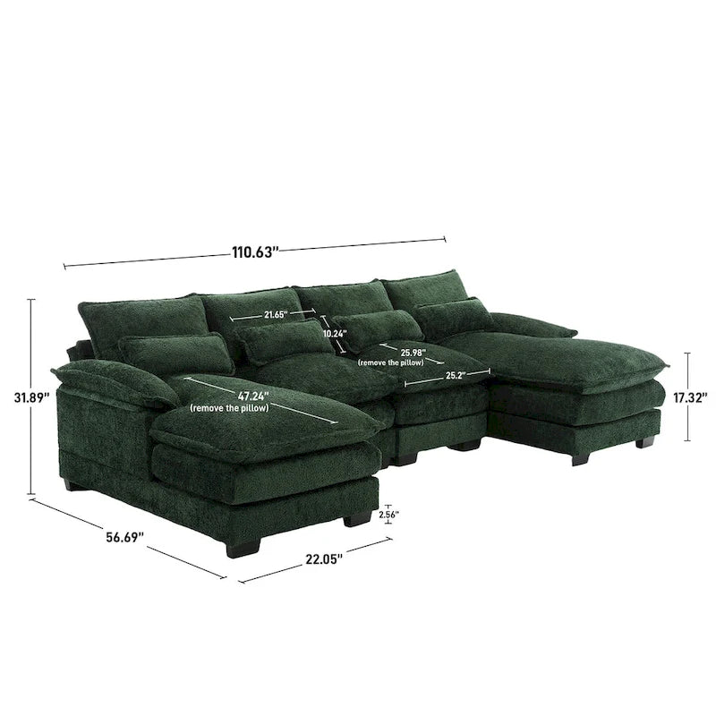Grand canapé d'angle en U – Tissu chenille, double méridienne, capacité 363 kg, 281 cm