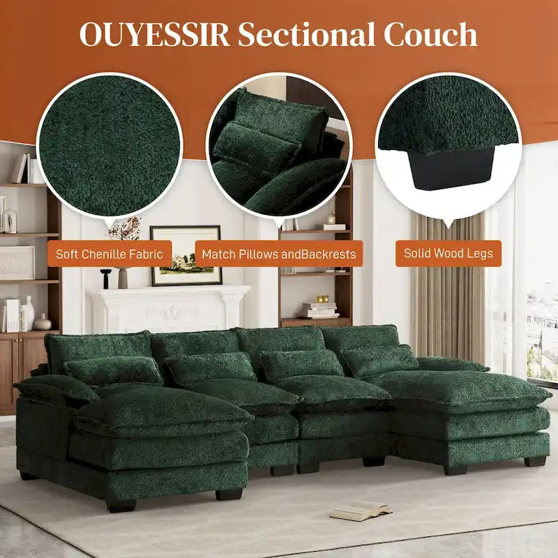 Grand canapé d'angle en U – Tissu chenille, double méridienne, capacité 363 kg, 281 cm