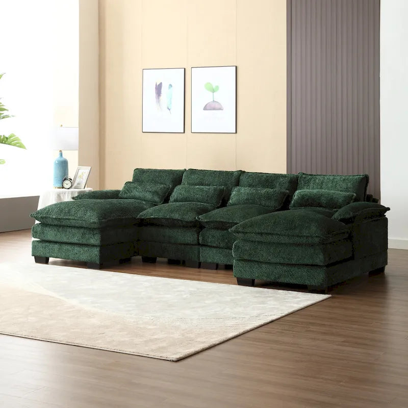Grand canapé d'angle en U – Tissu chenille, double méridienne, capacité 363 kg, 281 cm