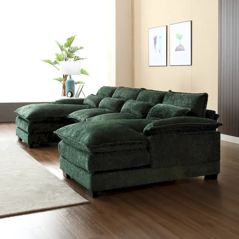 Grand canapé d'angle en U – Tissu chenille, double méridienne, capacité 363 kg, 281 cm