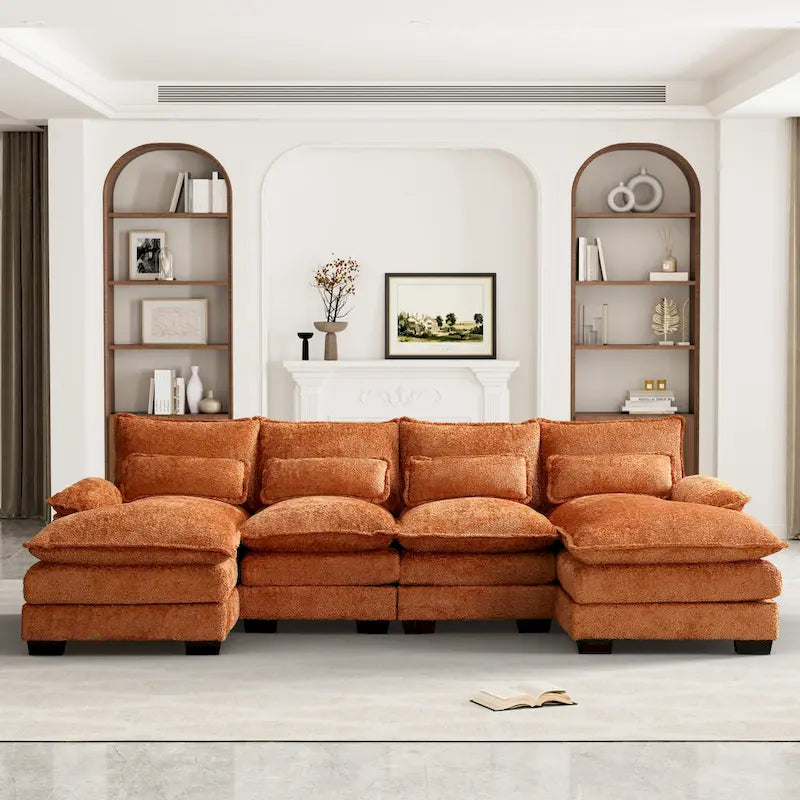 Grand canapé d'angle en U – Tissu chenille, double méridienne, capacité 363 kg, 281 cm