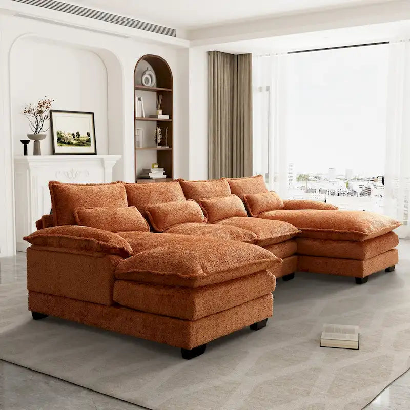 Grand canapé d'angle en U – Tissu chenille, double méridienne, capacité 363 kg, 281 cm
