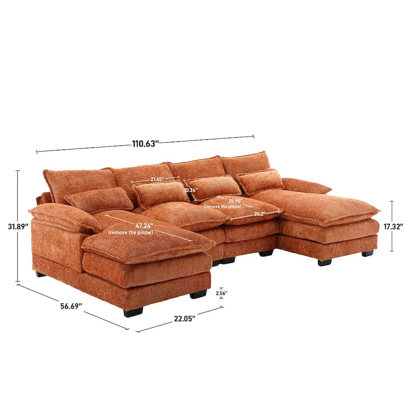 Grand canapé d'angle en U – Tissu chenille, double méridienne, capacité 363 kg, 281 cm