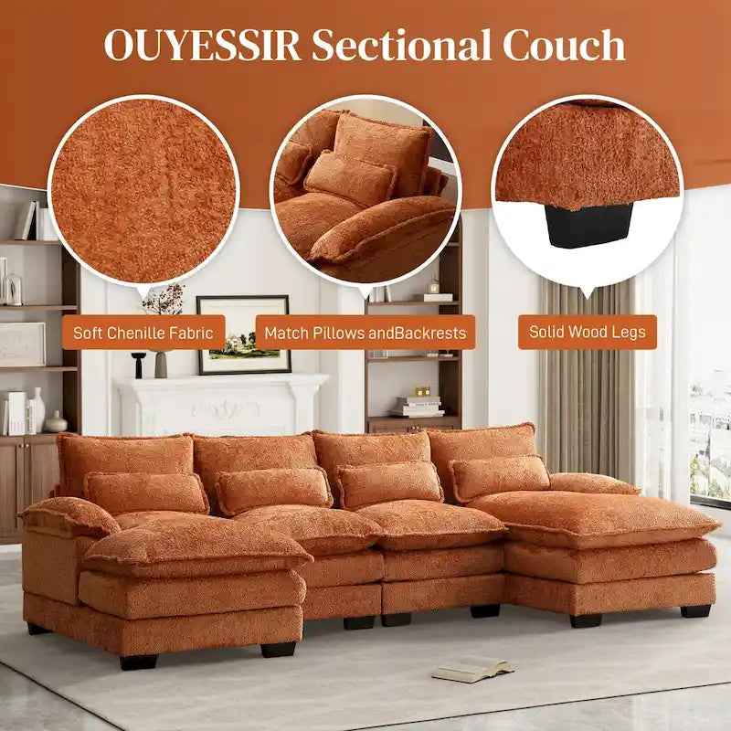 Grand canapé d'angle en U – Tissu chenille, double méridienne, capacité 363 kg, 281 cm