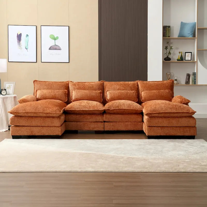 Grand canapé d'angle en U – Tissu chenille, double méridienne, capacité 363 kg, 281 cm