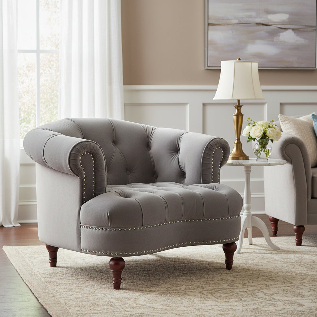 Button-Tufted Accent Chair – Solid Hardwood Frame, Nailhead Trim, 42W x 38D x 31.5H", 300 lbs Capacity