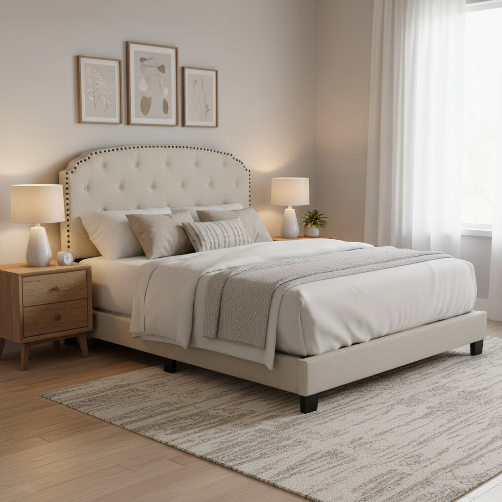 Arin Beige Fabric Queen Bed with Button Tufting and Black Nail Head