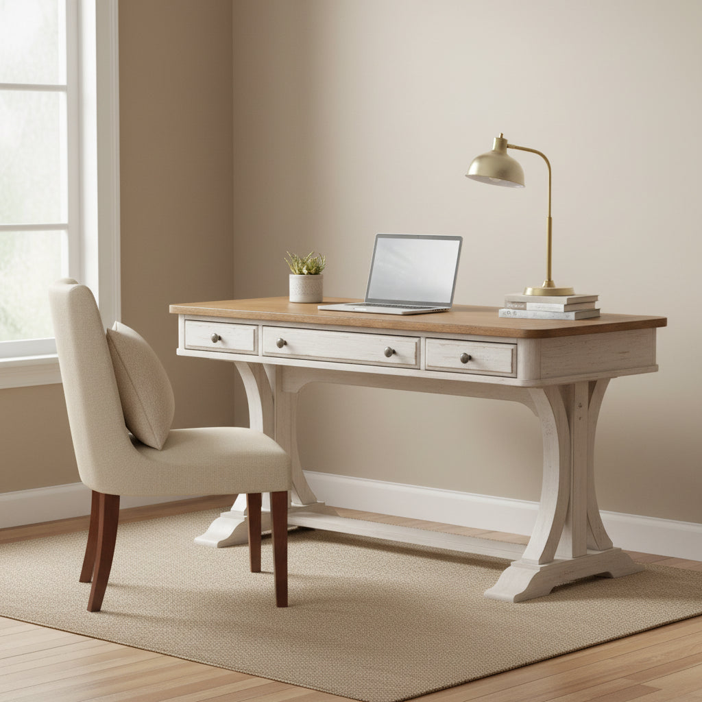 Bureau écritoire en bois antique revisité blanc cassé et châtaignier