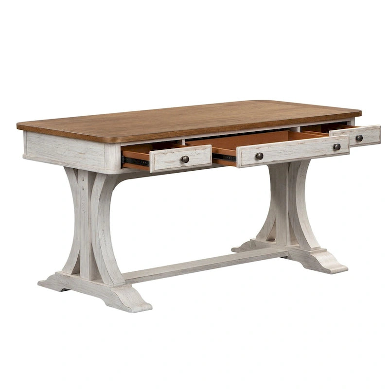 Bureau écritoire en bois antique revisité blanc cassé et châtaignier