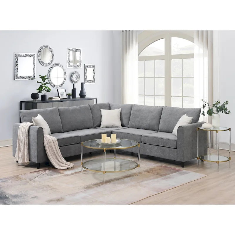 Canapé d'angle en L – Polyester gris, coussins à ressorts ensachés, 91x91x33,5 po, 3 oreillers