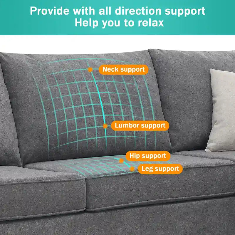 Canapé d'angle en L – Polyester gris, coussins à ressorts ensachés, 91x91x33,5 po, 3 oreillers