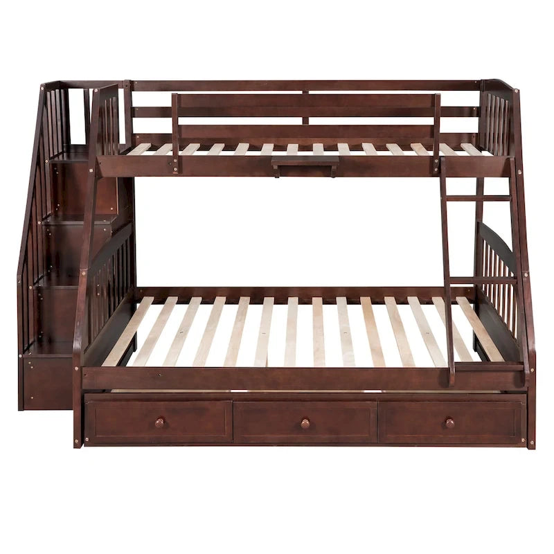 Lit superposé double sur double avec tiroirs, échelle et escalier de rangement, Espresso