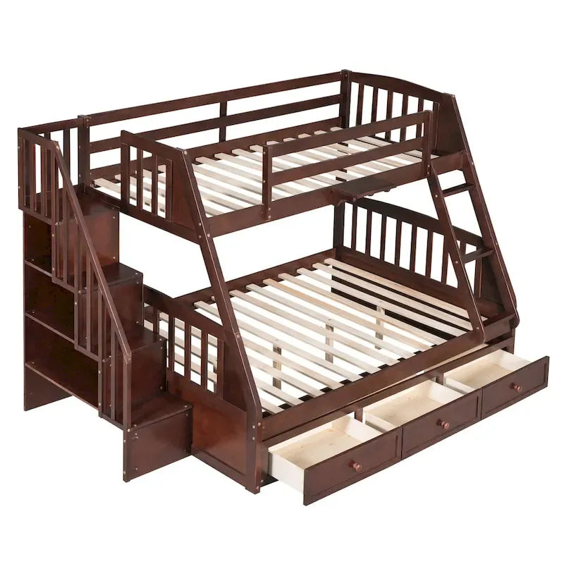 Lit superposé double sur double avec tiroirs, échelle et escalier de rangement, Espresso