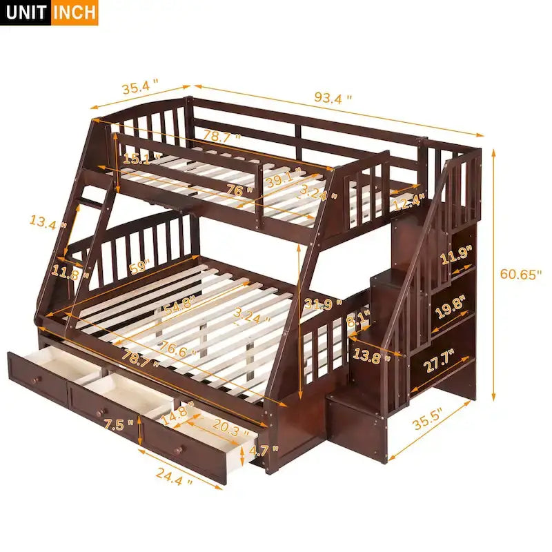 Lit superposé double sur double avec tiroirs, échelle et escalier de rangement, Espresso