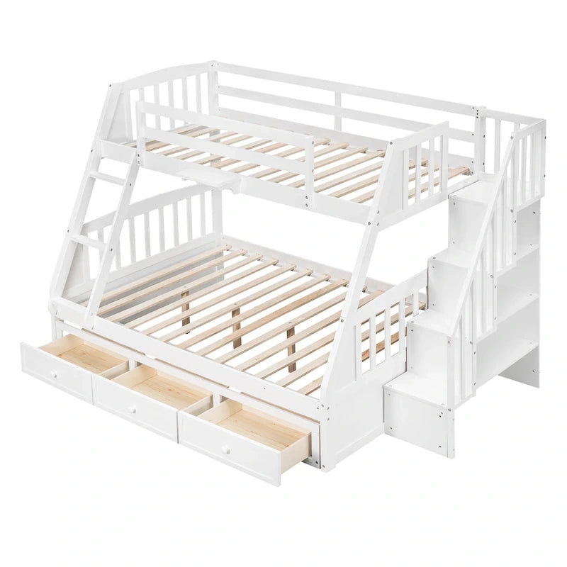 Lit superposé double sur double avec tiroirs, échelle et escalier de rangement, Espresso