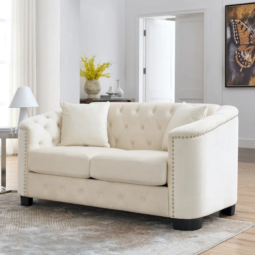 Canapé moderne Chesterfield en velours de 150 cm, canapé 2 places, dossiers touffetés rembourrés avec accoudoirs cloutés et 2 coussins pour le salon