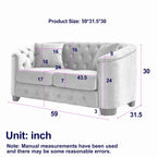 Canapé moderne Chesterfield en velours de 150 cm, canapé 2 places, dossiers touffetés rembourrés avec accoudoirs cloutés et 2 coussins pour le salon
