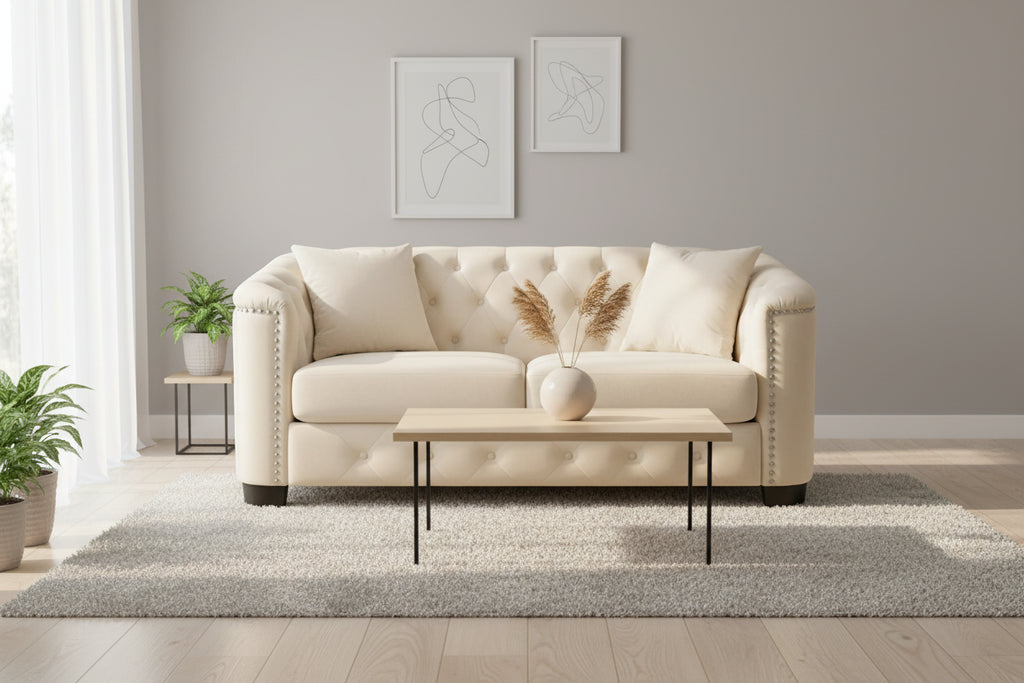 Canapé moderne Chesterfield en velours de 150 cm, canapé 2 places, dossiers touffetés rembourrés avec accoudoirs cloutés et 2 coussins pour le salon