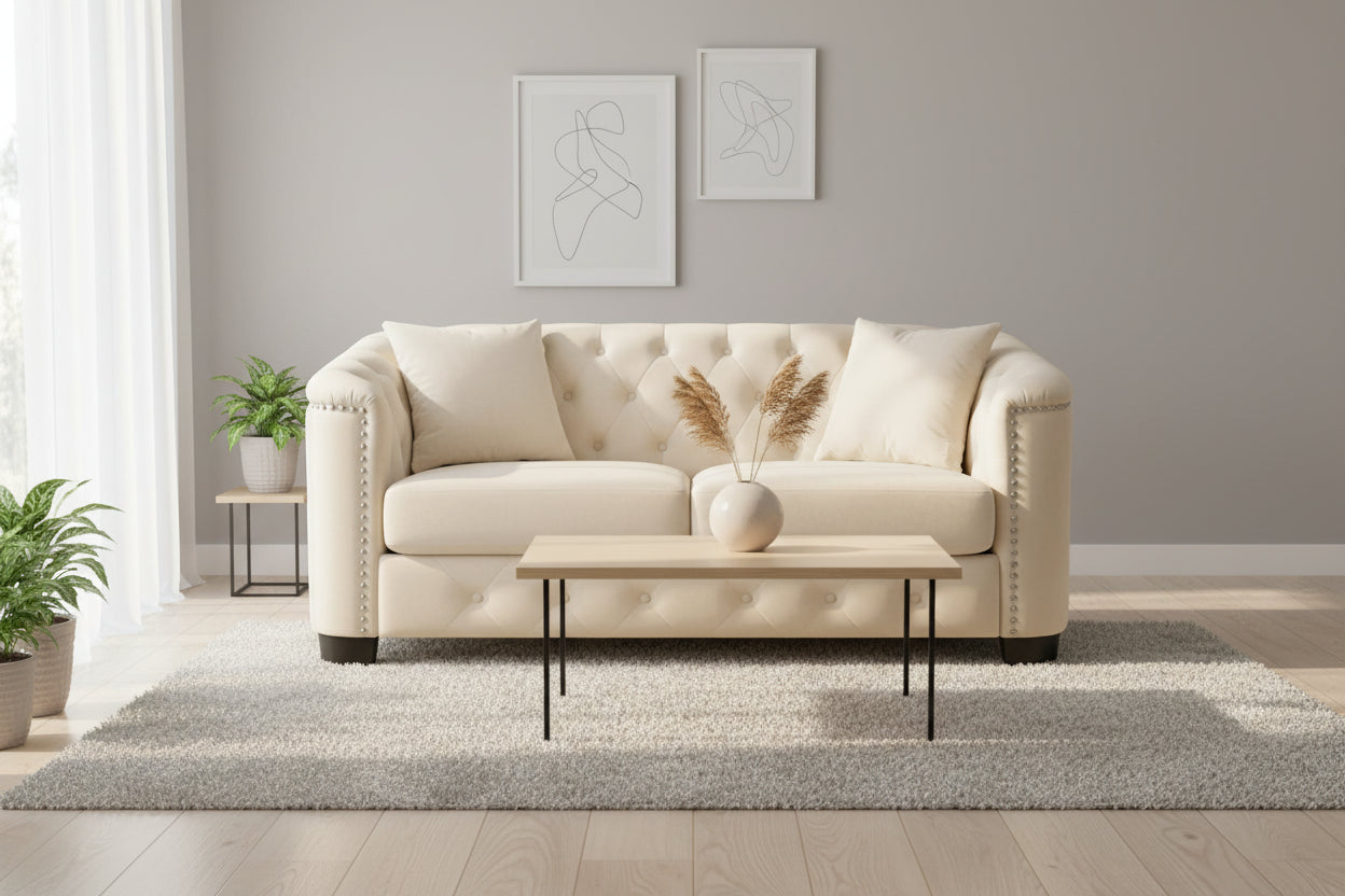 Canapé moderne Chesterfield en velours de 150 cm, canapé 2 places, dossiers touffetés rembourrés avec accoudoirs cloutés et 2 coussins pour le salon