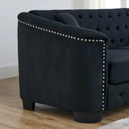 Canapé moderne Chesterfield en velours de 150 cm, canapé 2 places, dossiers touffetés rembourrés avec accoudoirs cloutés et 2 coussins pour le salon