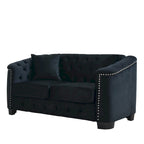 Canapé moderne Chesterfield en velours de 150 cm, canapé 2 places, dossiers touffetés rembourrés avec accoudoirs cloutés et 2 coussins pour le salon