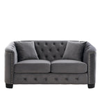 Canapé moderne Chesterfield en velours de 150 cm, canapé 2 places, dossiers touffetés rembourrés avec accoudoirs cloutés et 2 coussins pour le salon