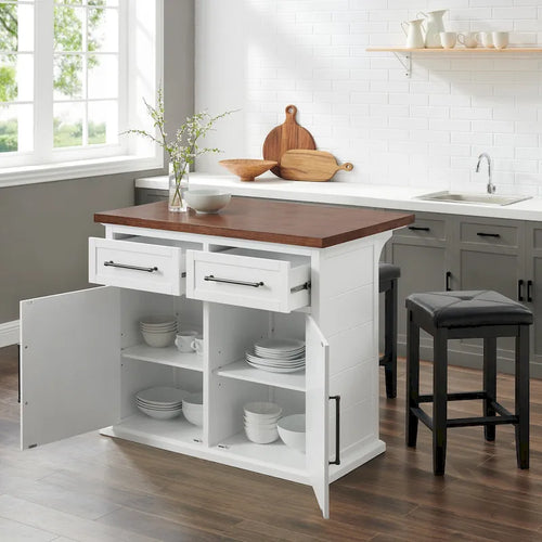 Îlot de cuisine Bartlett avec dessus en bois et tabourets carrés rembourrés – 50x42"