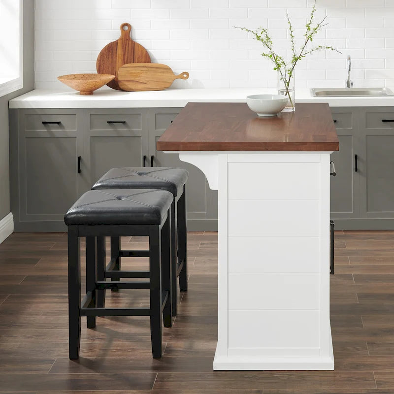 Îlot de cuisine Bartlett avec dessus en bois et tabourets carrés rembourrés – 50x42"
