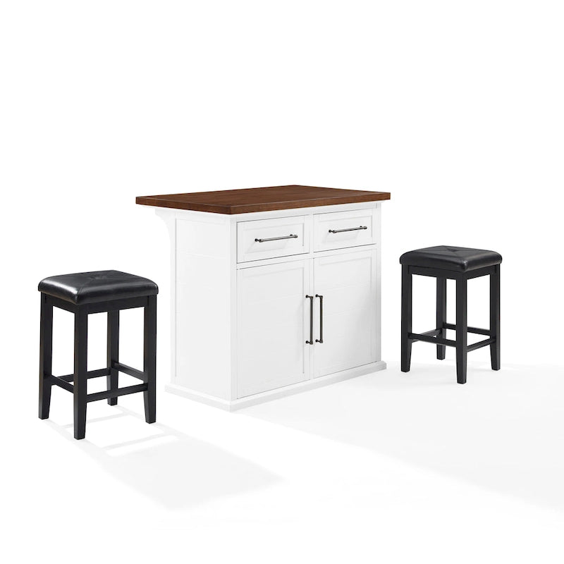 Îlot de cuisine Bartlett avec dessus en bois et tabourets carrés rembourrés – 50x42"