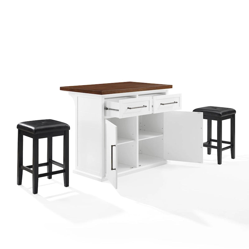 Îlot de cuisine Bartlett avec dessus en bois et tabourets carrés rembourrés – 50x42"