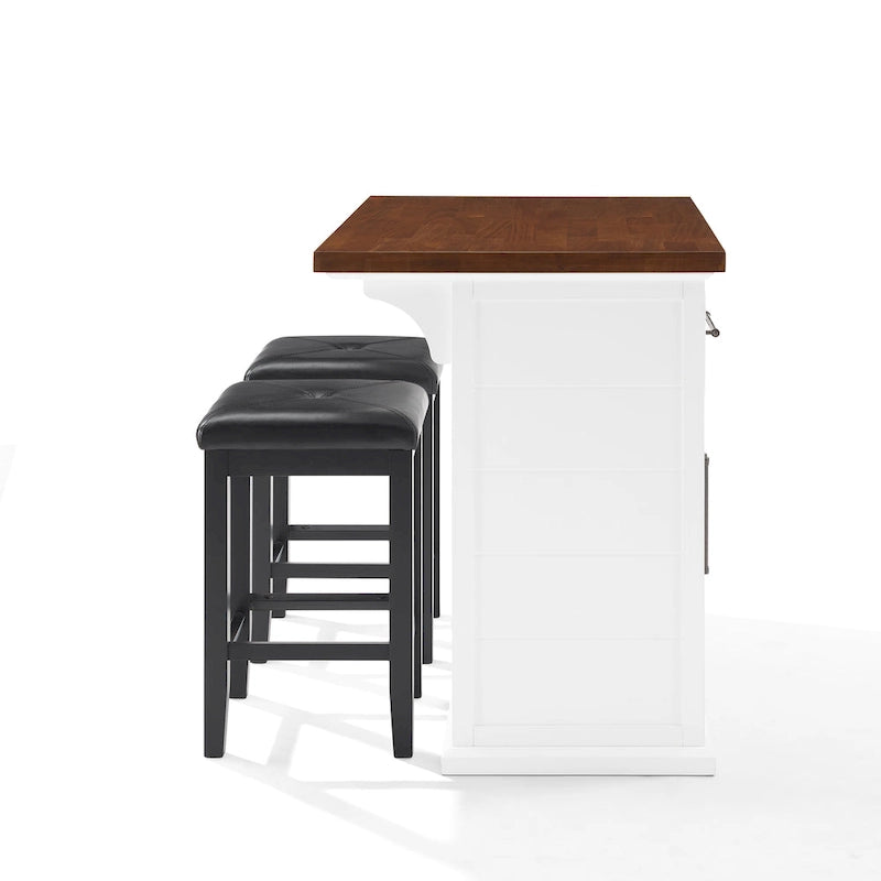 Îlot de cuisine Bartlett avec dessus en bois et tabourets carrés rembourrés – 50x42"