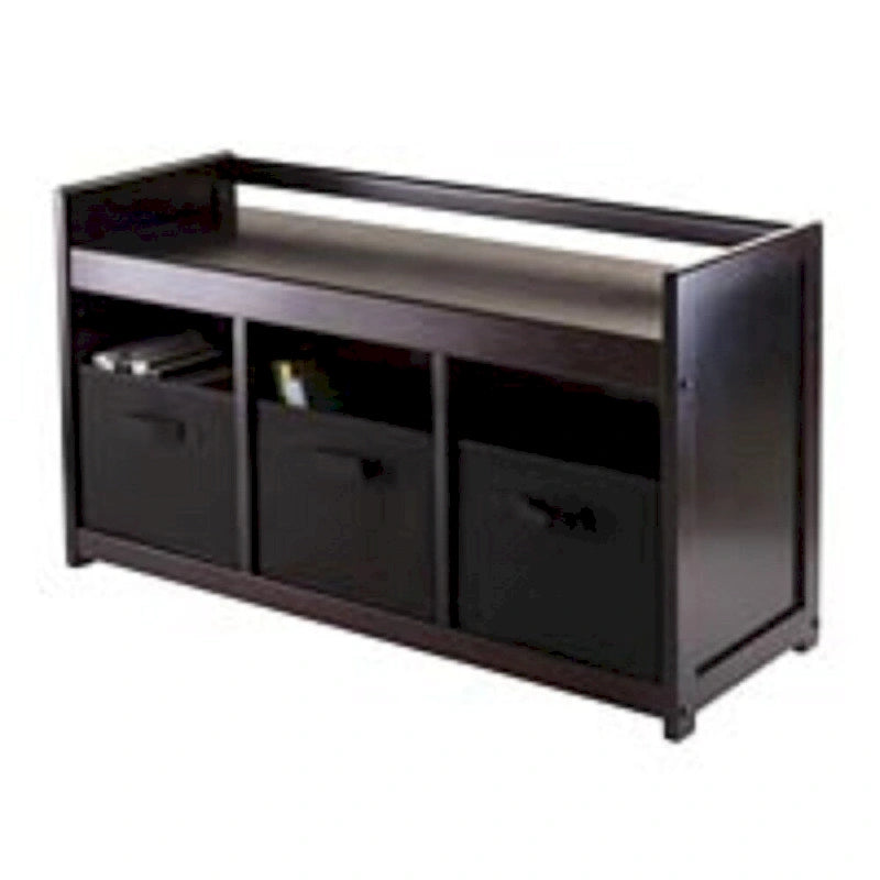 Banc de rangement marron foncé/noir avec trois paniers pliables en tissu, 20,75 po