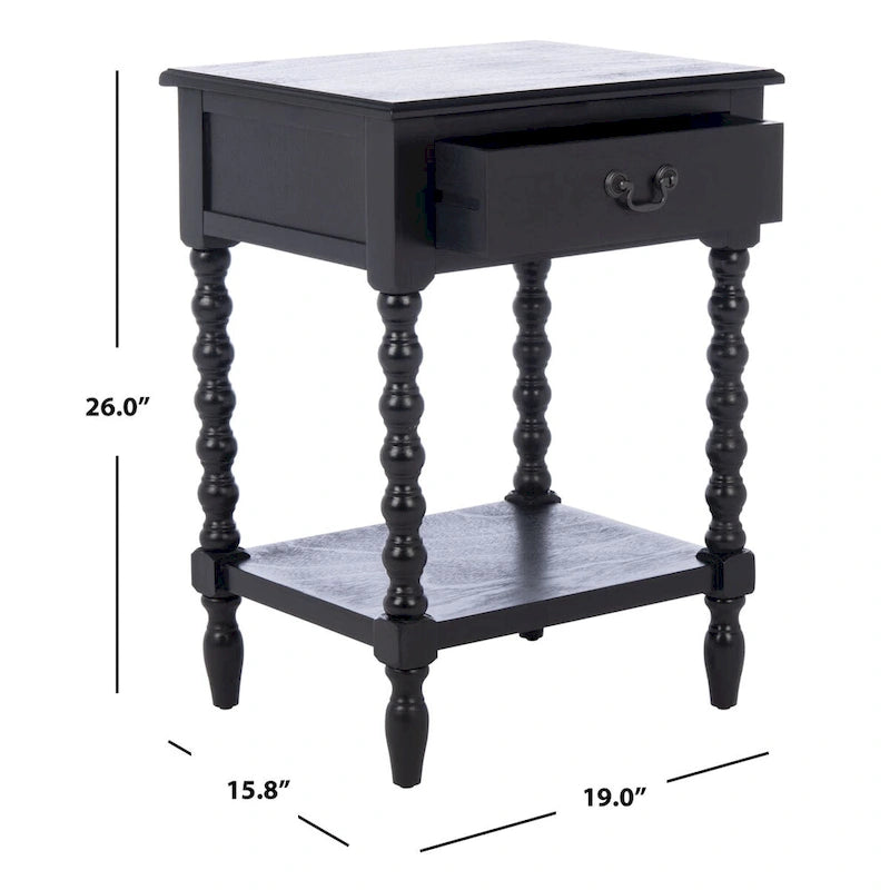 Table d'appoint de ferme avec tiroir et étagère ouverte – Pieds tournés en balustre, 48 cm L x 41 cm P x 66 cm H